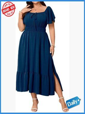 Flowy Plus Size Midi Dress Square Neck Smocked A-Line